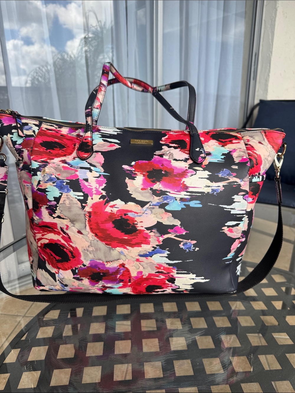 KATE SPADE Black Floral Tote with Pink & Red Accents